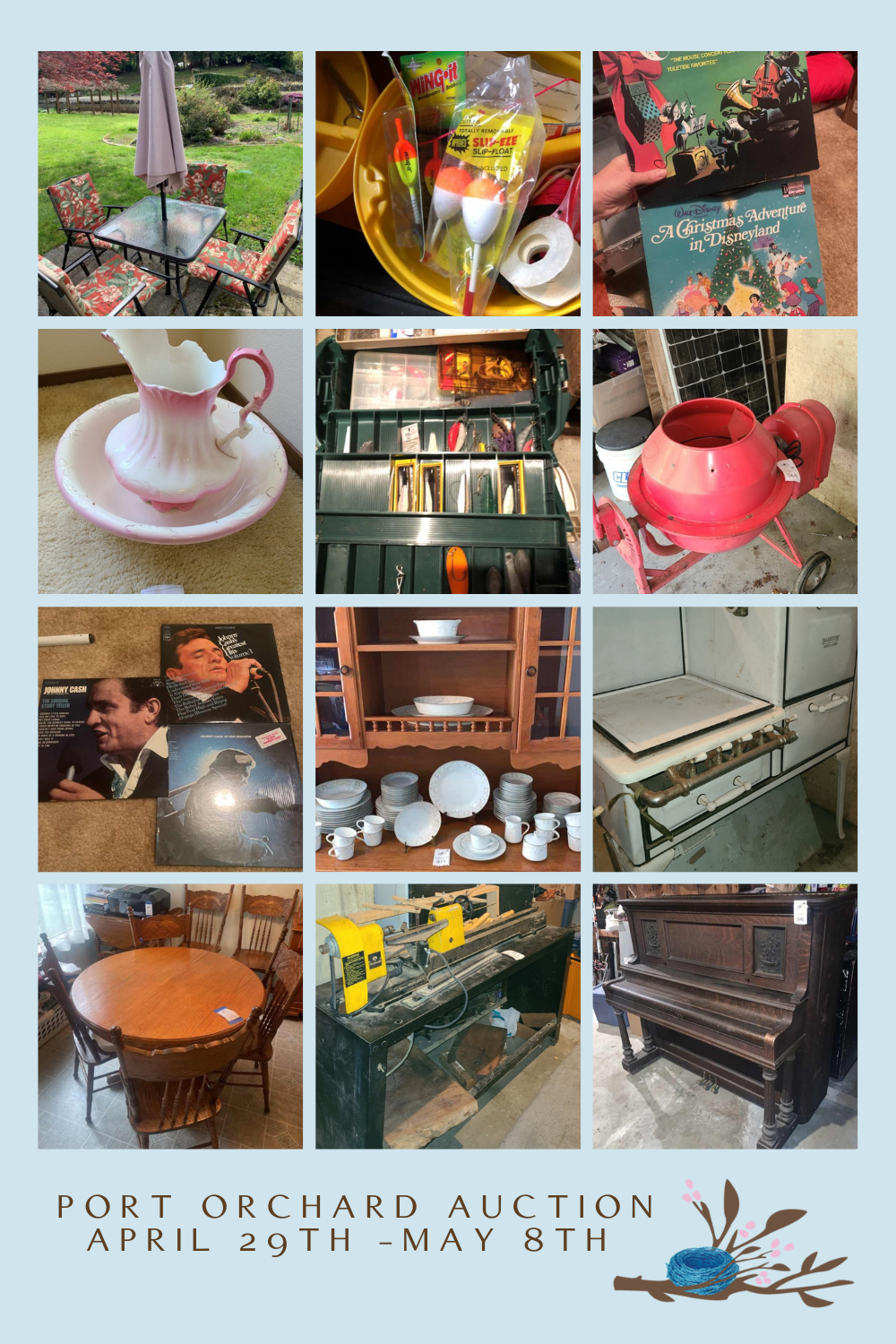 collage of items in online estate auction in Port Orchard Washington images features antiques, furniture, tools, fine china, outdoor patio set, cement mixer, fishing gear. Items sold with Maxsold through blue nest home