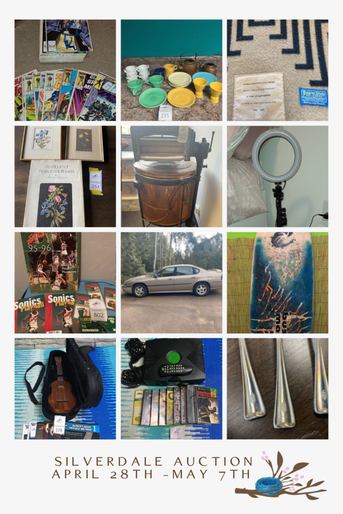 Collage of items for sale at Silverdale Washington consignment auction running April 28th -May 1st with Blue Nest Home. Includes photos of antiques , Chevy Impala, sports equipment, home goods, Xbox, fiestaware, sonic basketball memorabilia and more.