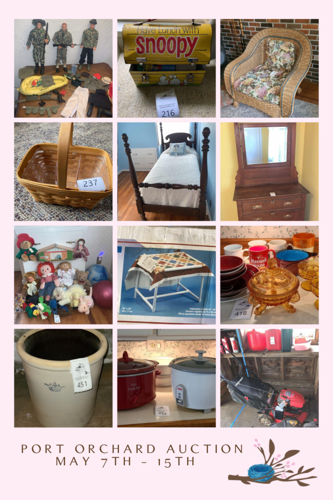 collage of items for sale at online estate auction liquidation by blue nest home in port orchard Washington May 7th through 15th. features vintage toy GI Joe, stoneware crock, antique four poster bed, Longaberger baskets , crock pot, rice cooker, 1970s amber glass and craft supplies.