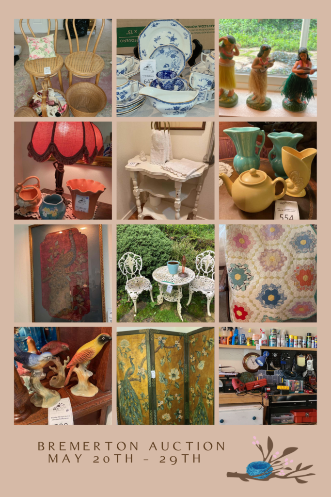 collage of items for sale at bremerton online auction with blue nest home May 20-29