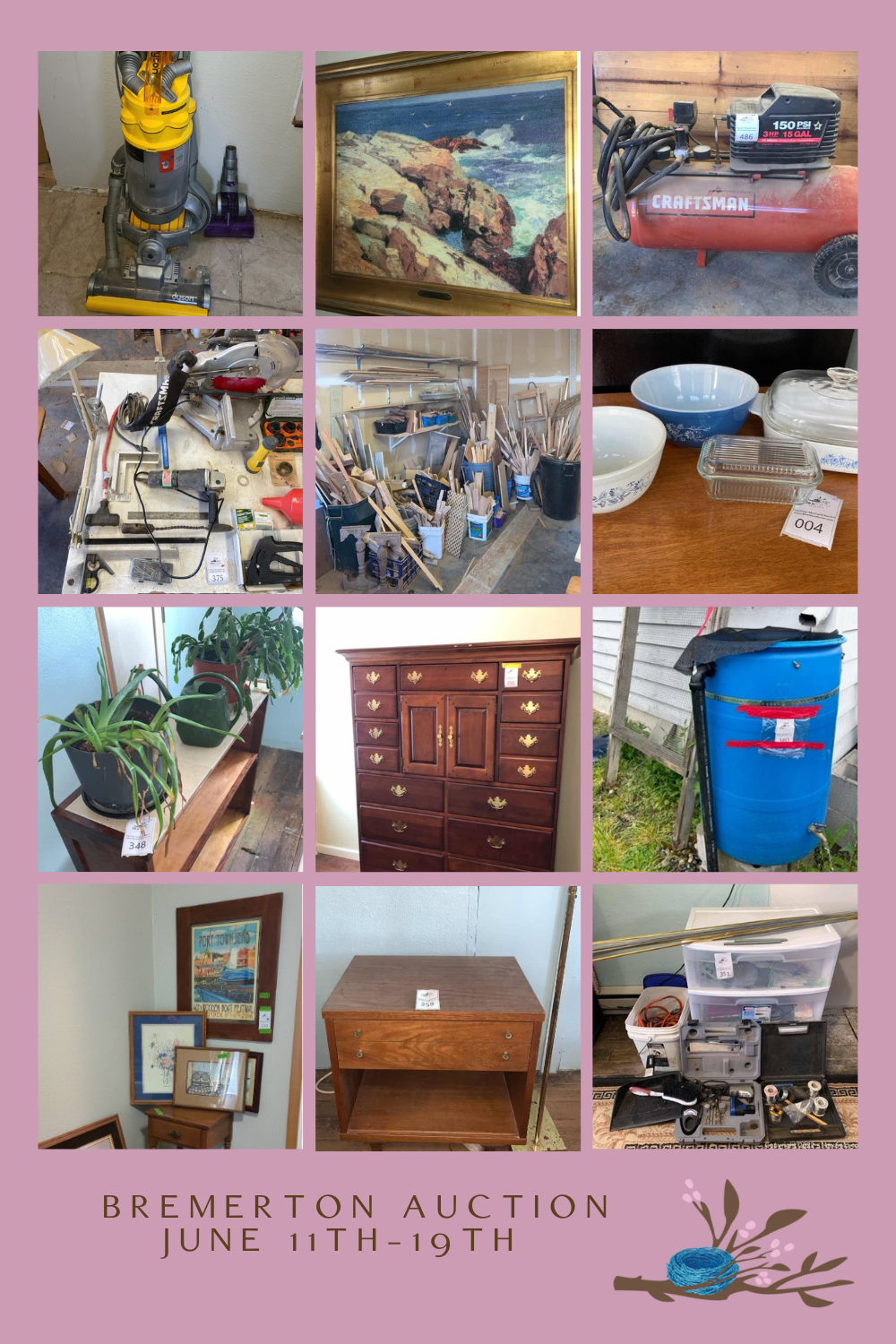 collage of items for sale at on online auction estate sale in Bremerton Washington with Blue Nest Home.