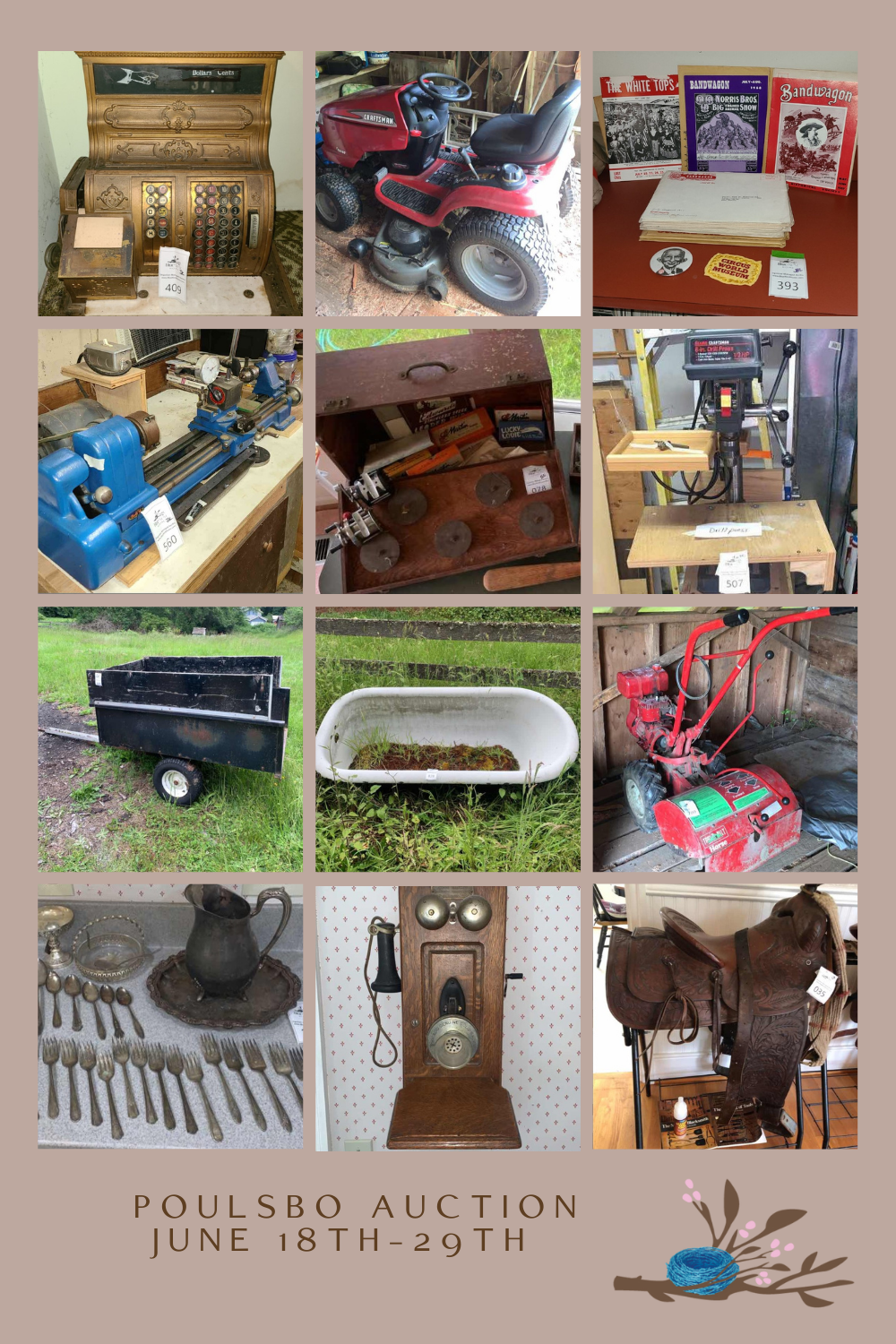 collage of items for sale at online estate sale auction in Poulsbo Washington june 18-29