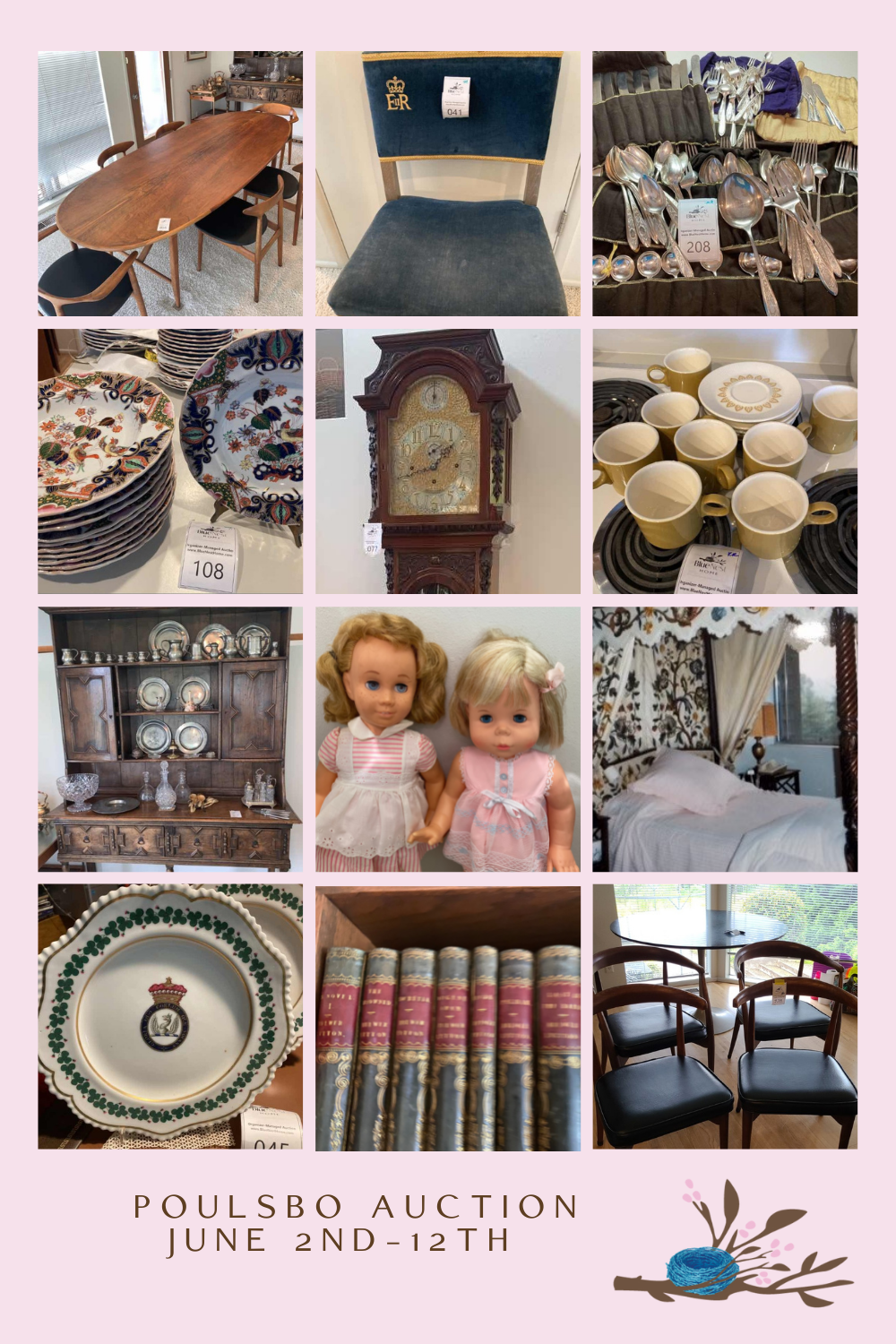 A collage of photos showing a few of the items for sale at the Poulsbo Washington online estate auction by Blue Nest Home starting on June .