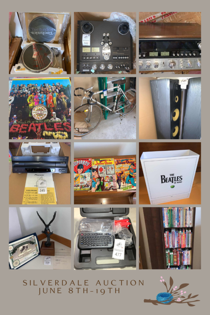 A collage of items for sale at online auction for blue nest home in Silverdale on June 8th.
