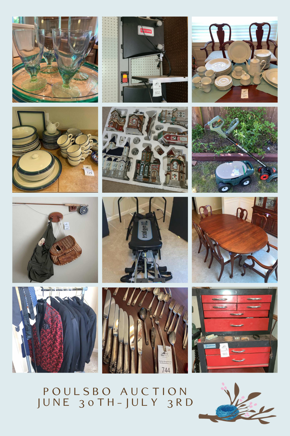 collage of items for sale at online estate sale auction in Poulsbo Washington on June 30 - July 3rd with Blue Nest Home.