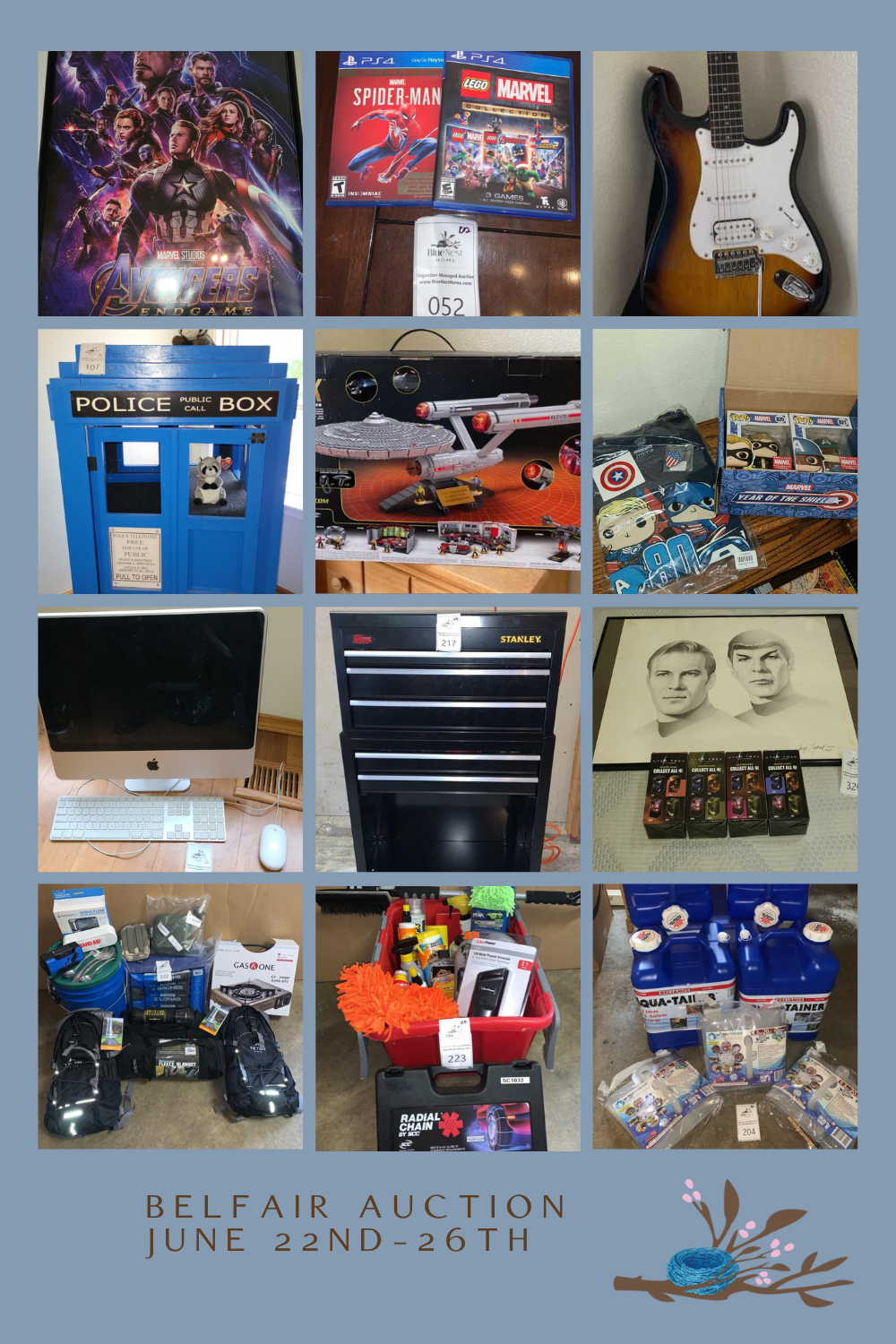 collage of items for sale at online moving sale in Belfair Washington with Blue Nest Home features movie collectables