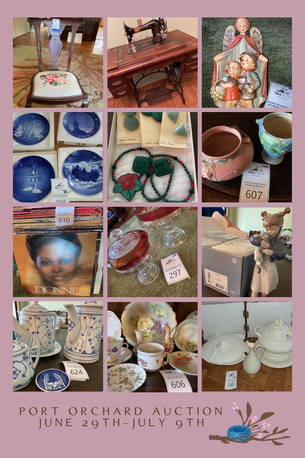 collage of items for sale at down sizing auction with Blue Nest Home in Port Orchard Washington June 29-July 9th.