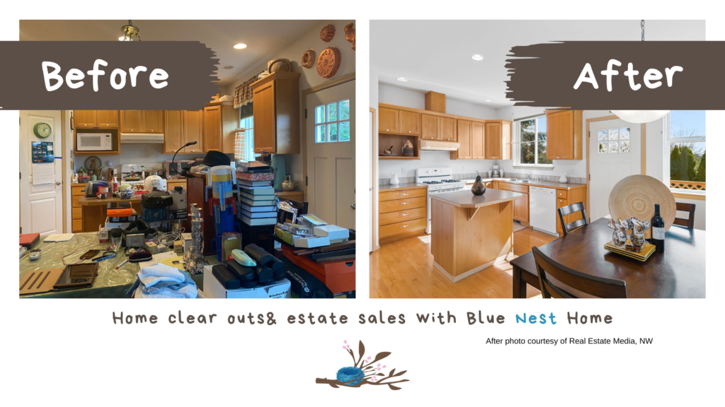 Image of before and after organizing, cleaning and online estate sale auction with blue nest home. First image is a messy and full kitchen second image of the same kitchen staged for selling the home. down sizing auctions also available.   