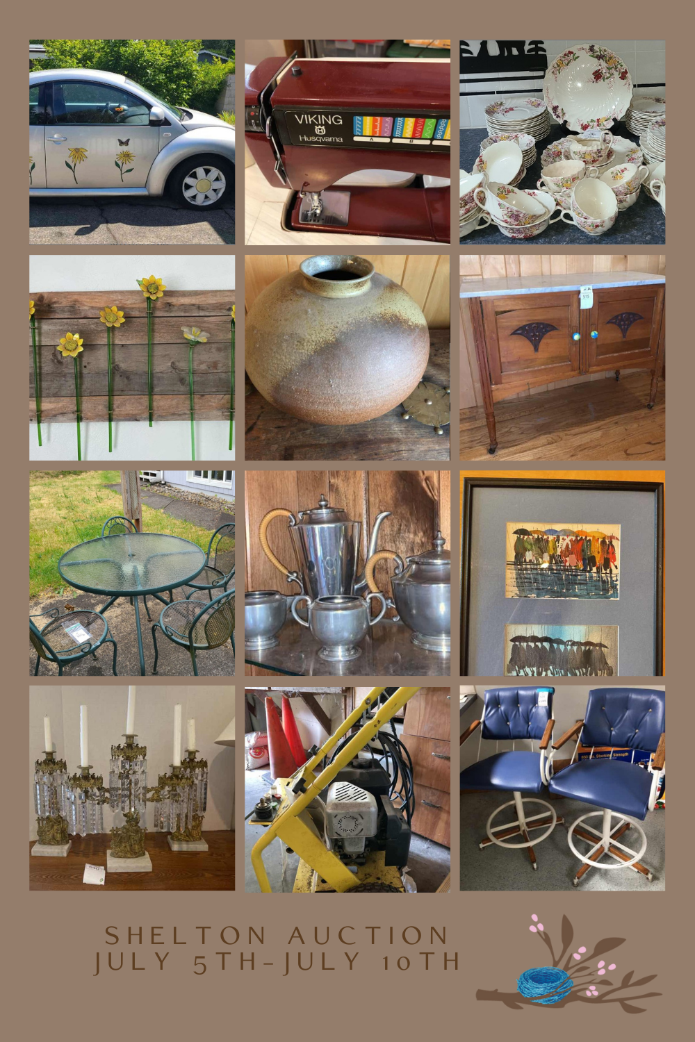 collage of images of items for sale at online estate sale auction in Shelton Washington July 5-10