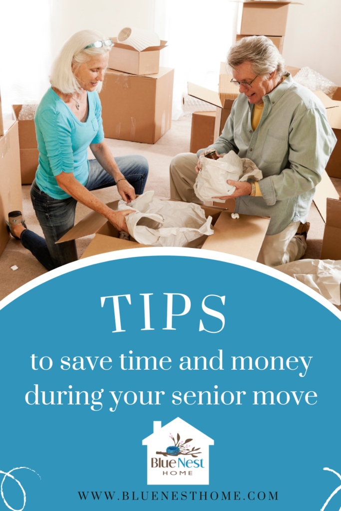 image of elderly couple packing for move. With graphic under that says tips to save time and money during your senior move with Blue Nest Home an Silverdale Washington estate sale compnay