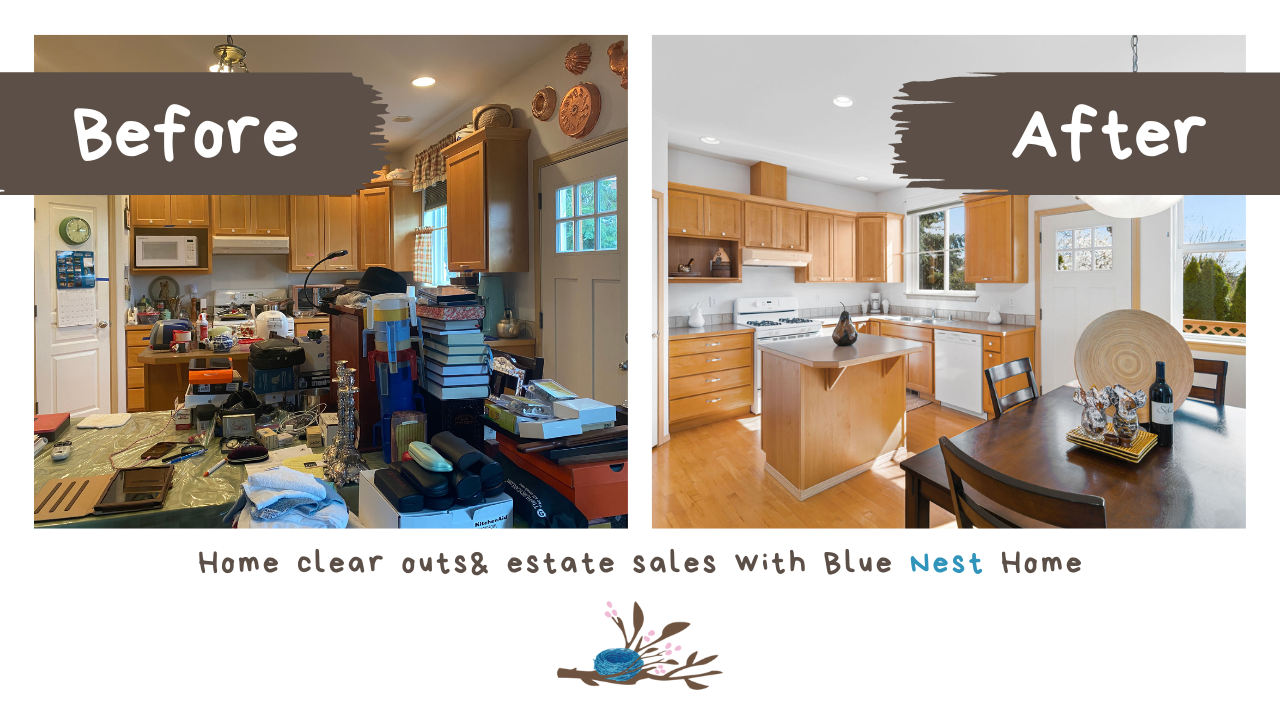 what to know about consultations with blue nest home for estate sales. Image of cluttered kitchen and clean kitchen ready to sell house.