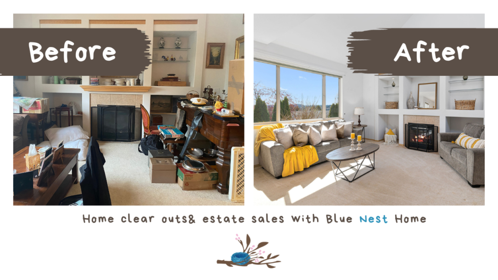 Before and after photos of a hoarded house living room that Blue Nest home had an estate sale for in Bremerton, Washington. 