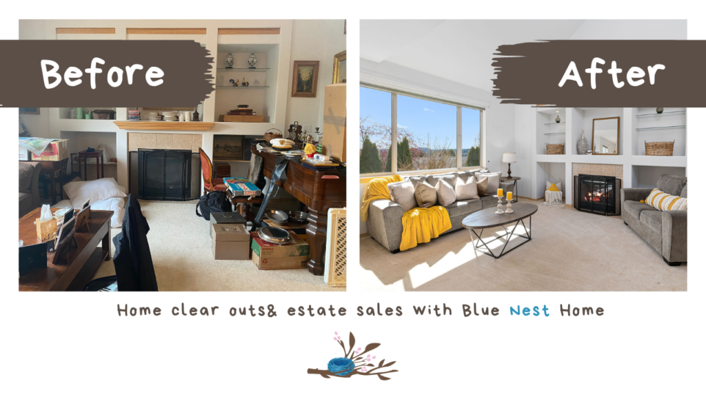 Before and after photos of a hoarded house living room that Blue Nest home had an estate sale for in Bremerton, Washington.