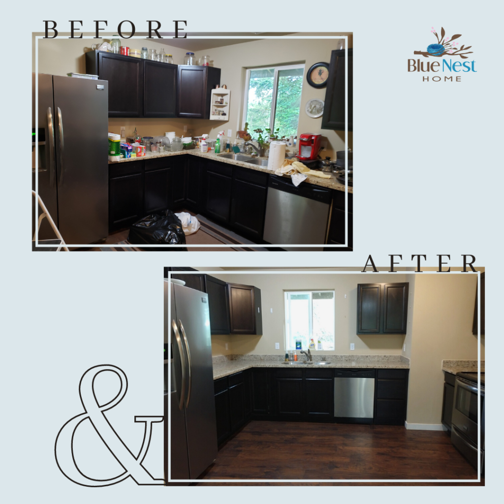 photo of a kitchen before and after done by blue nest home on Bainbridge Island Luxury goods online auction blog. 