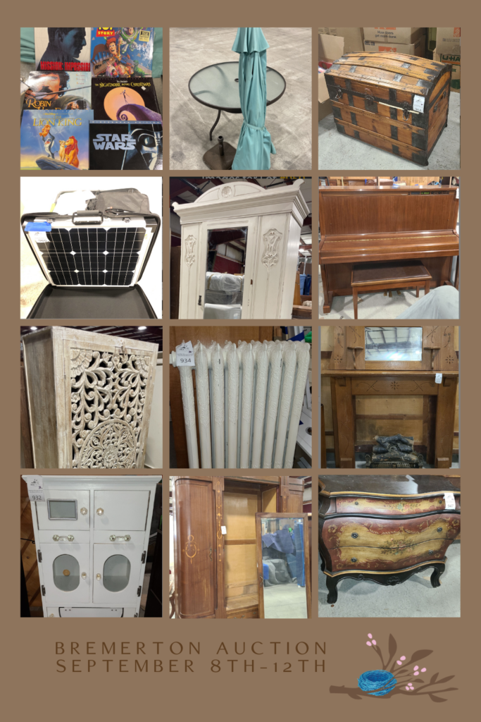 collage of items for sale on online downsizing auction with Blue Nest Home in Bremerton Washington
