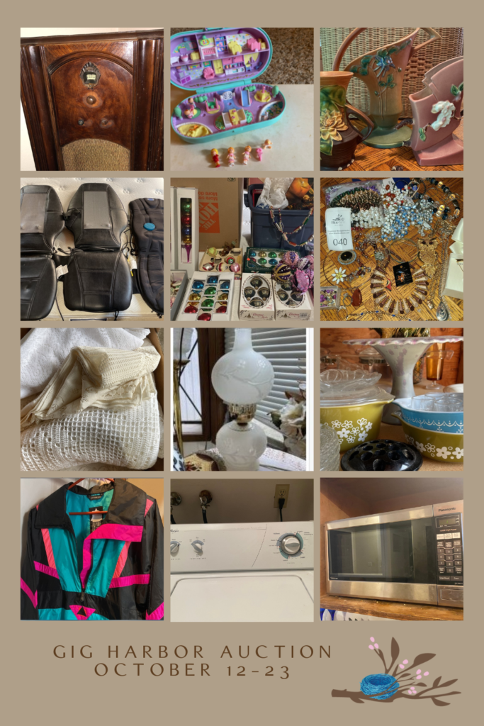 gig harbor online estate sale auction with blue nest home collage of items for sale with polly pocket featured