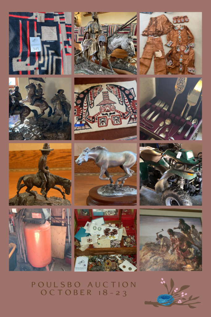 Western fine art auction with blue Nest home in poulsbo collage of items for sale.