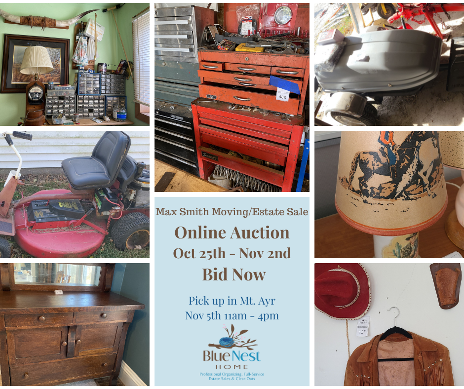 online estate/moving sale for Max E. Smith of Mount Ayr Iowa collage of images of things for sale. Including tools, lawn mower, vintage lamp, motorcycle trailer. 