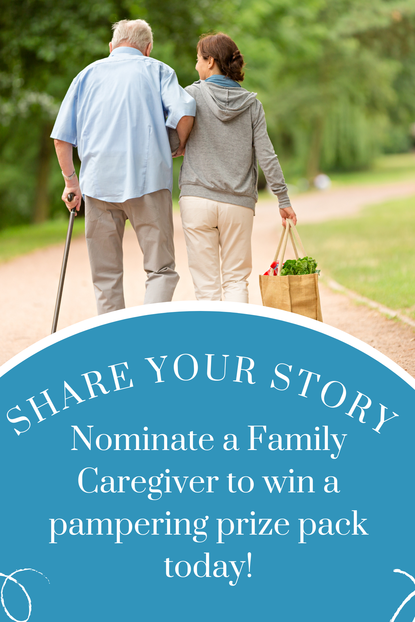 Family caregiver month giveaway announcment photo of woman helping older man with groceries.