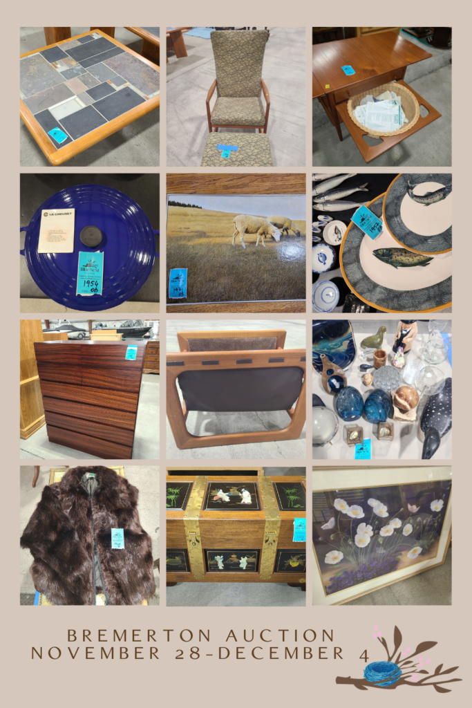 collage of items for sale in Bremerton in online mid-century modern auction