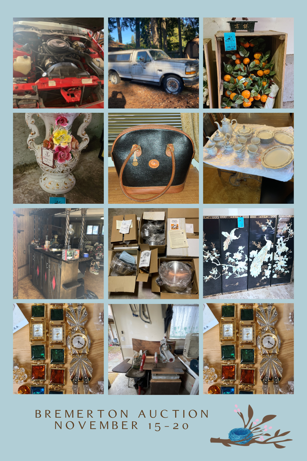 Collage of online estate sale auction in Bremerton Washington featuring vehicles and more. Collage of items for sale.