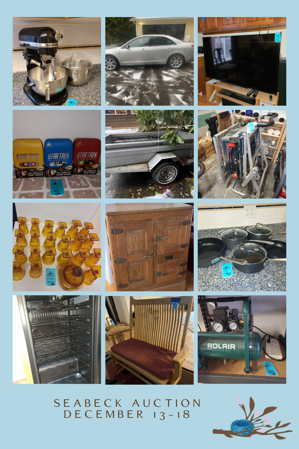 Online estate sale from blue nest home featuring a Lincoln MKZ and other home good items. Collage of some of the items for sale.