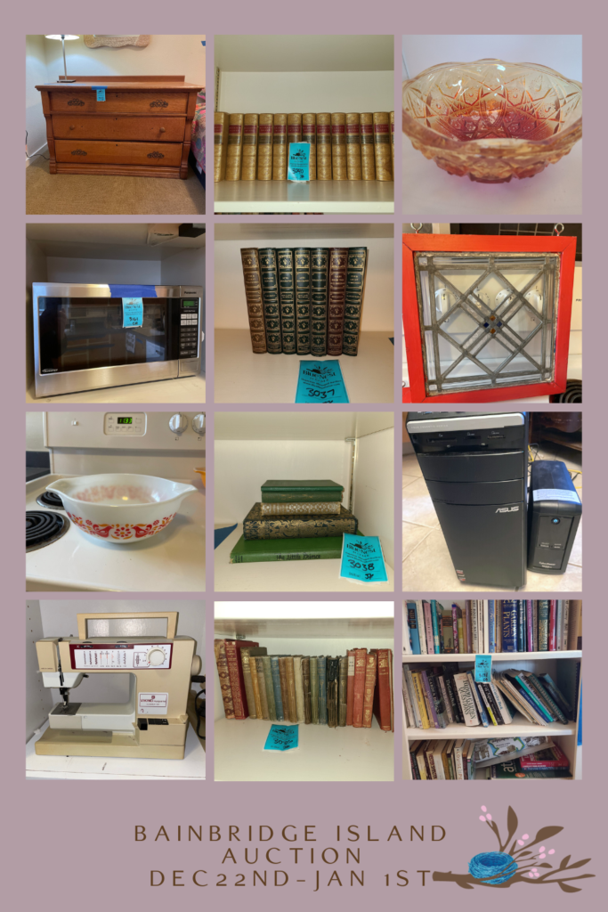 Collage of items for sale at Bainbridge island book collection online auction