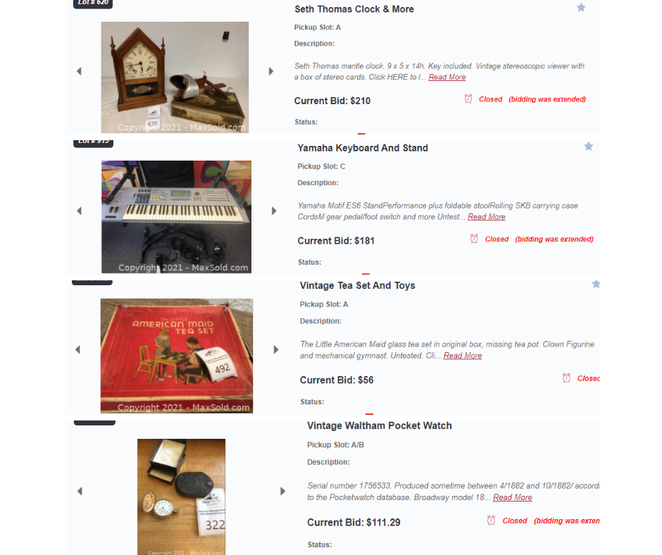 image of auction ending prices for items sold at consignment auction. 