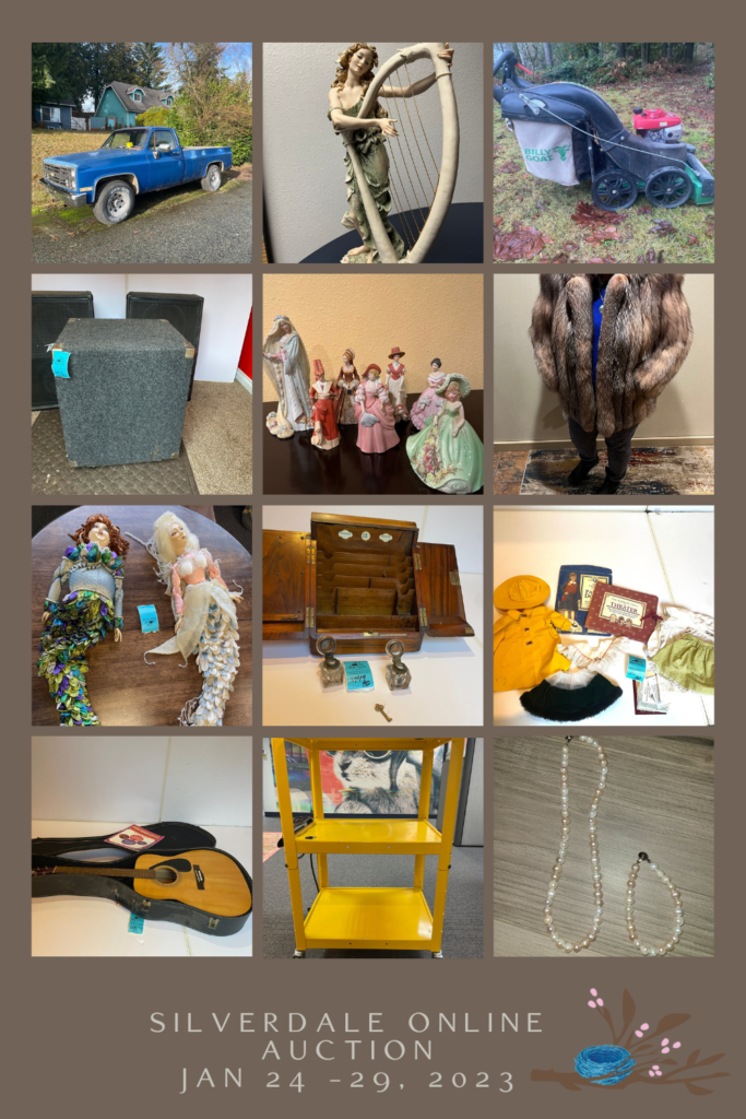 Collage of items for sale at Blue Nest Home, Silverdale online auction featuring 1985 Chevy truck.