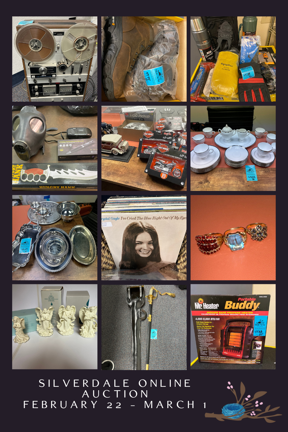 Online Auction featuring vintage records, vintage Navy sword, survivalist gear, camping gear, Harley Davidson die casts, womens jewelry, heater, tools, and more.