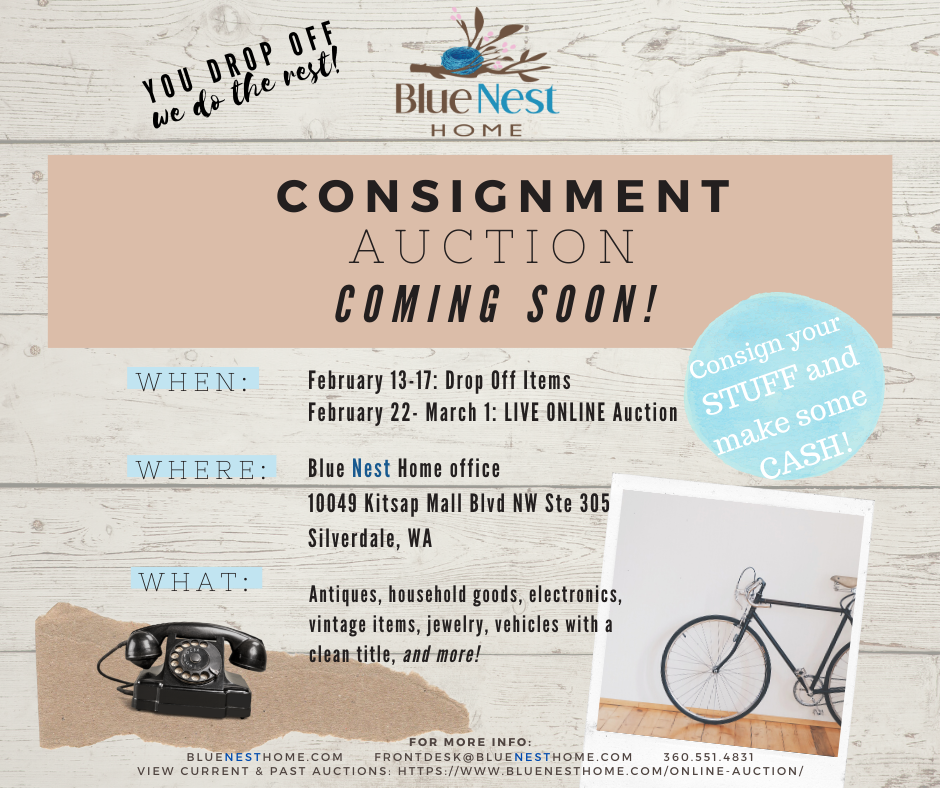 graphic for consignment auction with Blue Nest Home in Silverdale Washington February 2023. 