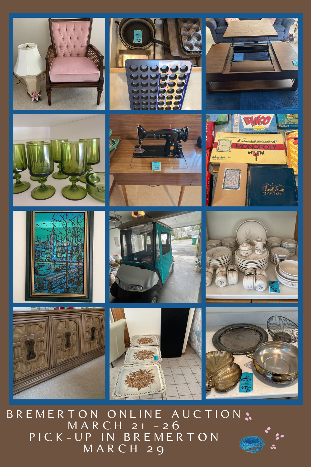 Bremerton Golf Cart Online Auction featuring an EZ-GO golf cart, a vintage Singer sewing machine, vintage board games, furniture and more.