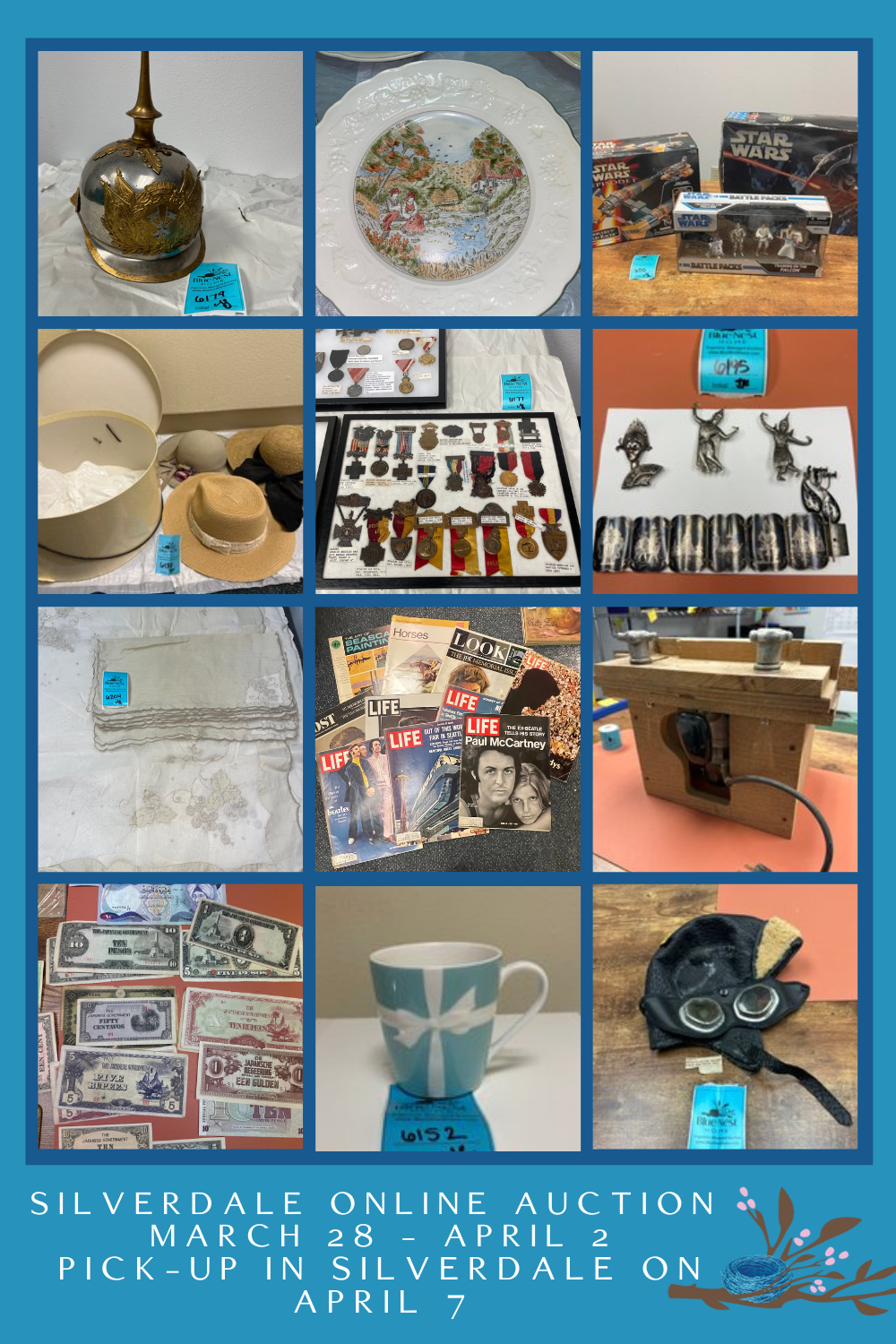 This auction features an assortment of military helmets (WWI, WWII, Vietnam), WWII military memorabilia and collector items, war medal collection, Viet Cong cup, vintage LIFE magazines, hats with hat boxes, Set Of 6 Gien France Scenes De La Vie Paysanne Dinner Plates, assortment of women's purses, vintage table cloths and napkins, silver jewelry, hot wheels track sets, Disney World collector items, serving dishes and bowls, Star Wars memorabilia, and a vintage jig saw.