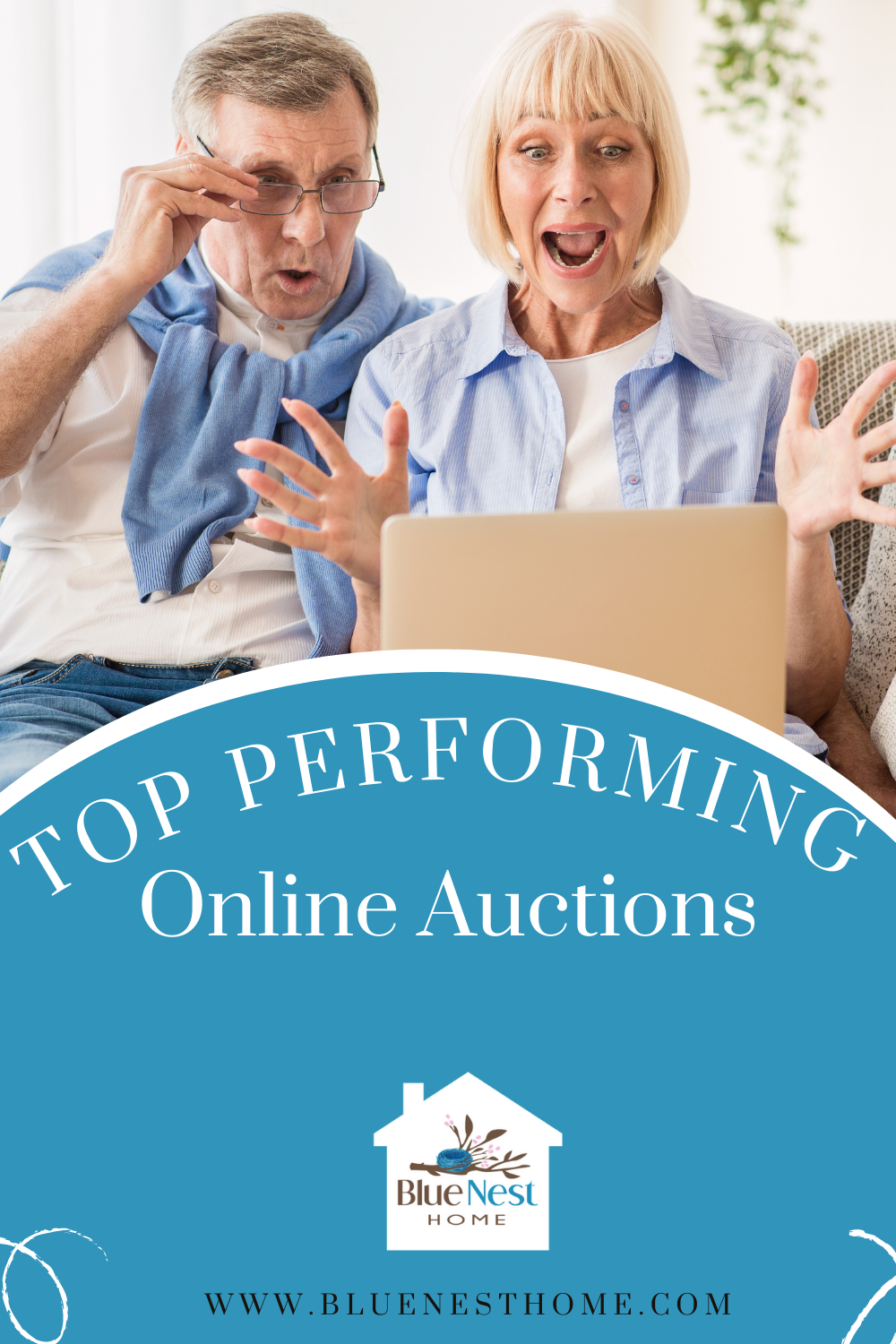 image of older couple excited about winning online auction with laptop. Top Performing online auctions with blue nest home in Silverdale Washington.