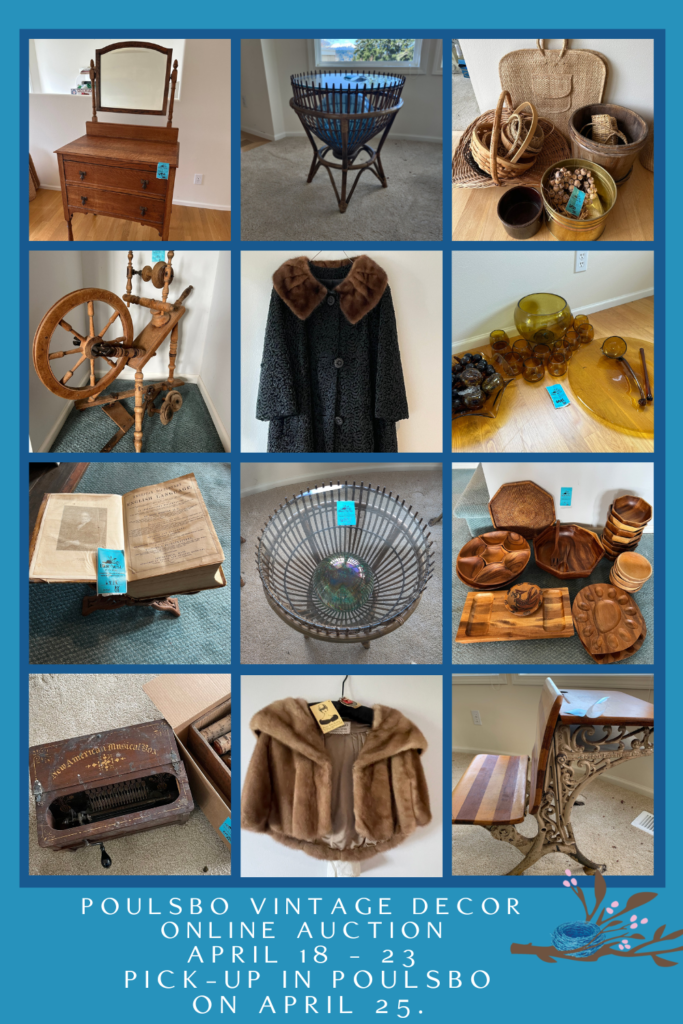 Poulsbo< Washington Online Auction featuring vintage decor including a vintage spinning wheel, fur coats, music box, dishes and more.