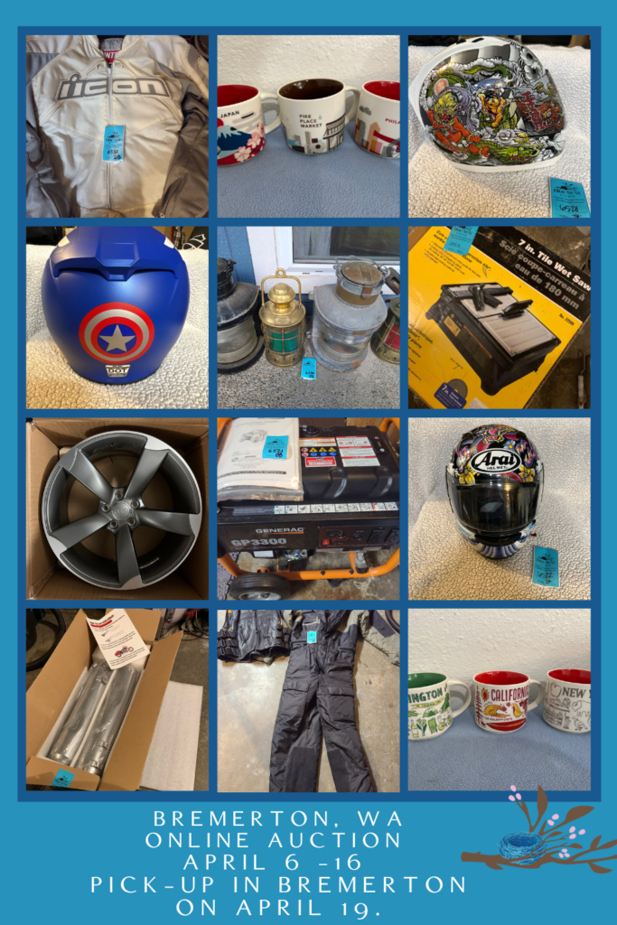 Bremerton, WA online auction featuring motor cycle gear including name brand motorcycle helmets, jackets and suits. This auction also includes an extensive Starbucks mug collection, generator, motorcycle parts, Audi rims and more.