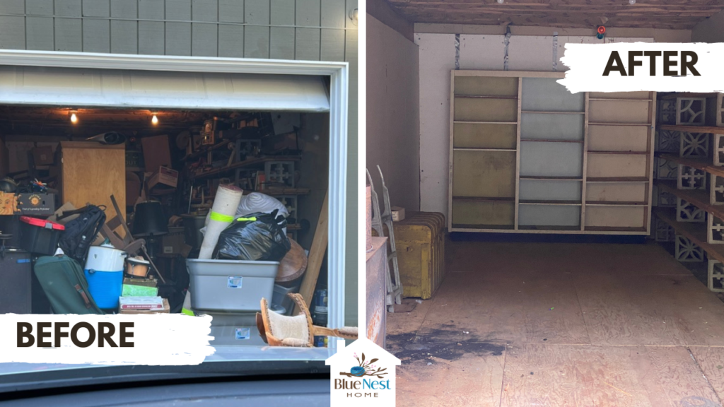 Before and after photo of cleared out garage on Bainbridge Island. Blue Nest home was able to clear out the home quickly. 