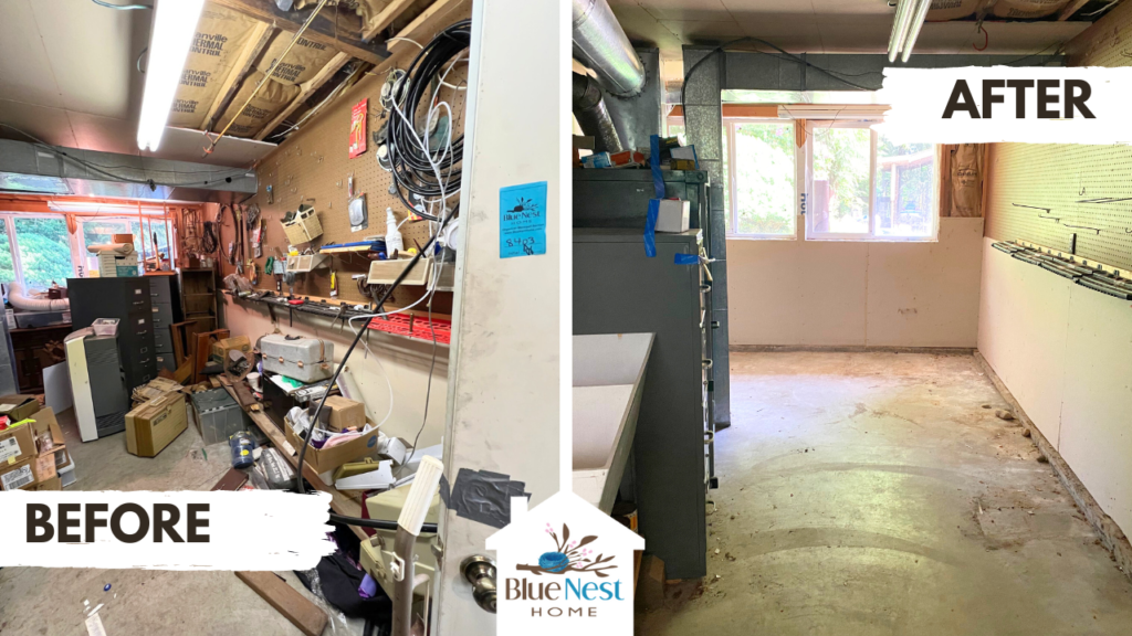 Before and after photo of cleared out garage on Bainbridge Island. Blue Nest home was able to clear out the home quickly. 