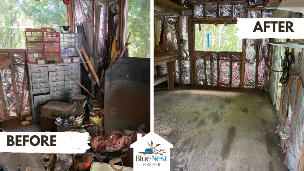 Before and after photo of cleared out garage on Bainbridge Island. Blue Nest home was able to clear out the home quickly. 