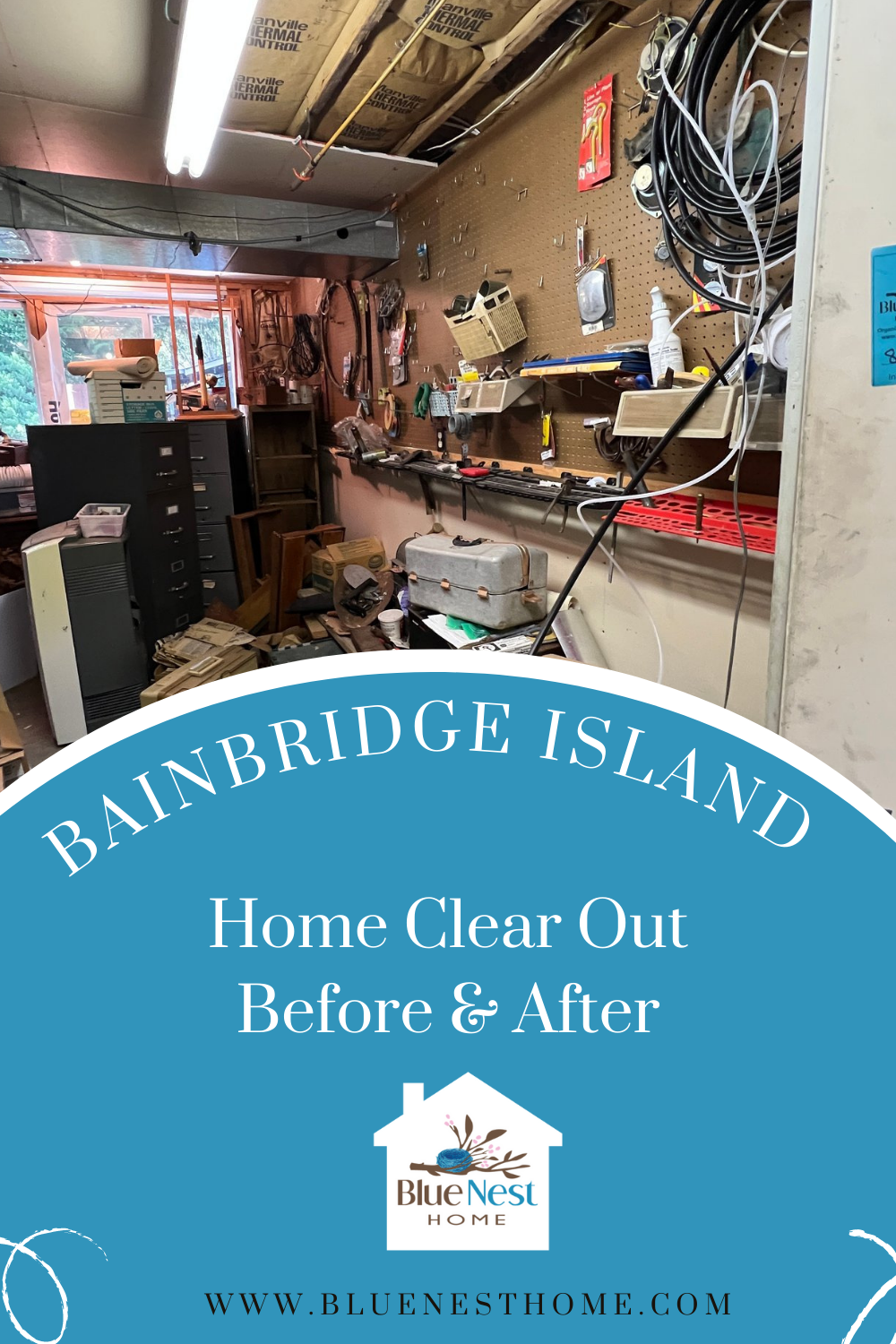 Photo of messy garage in before and after photos of Bainbridge Island home clear out estate sale.