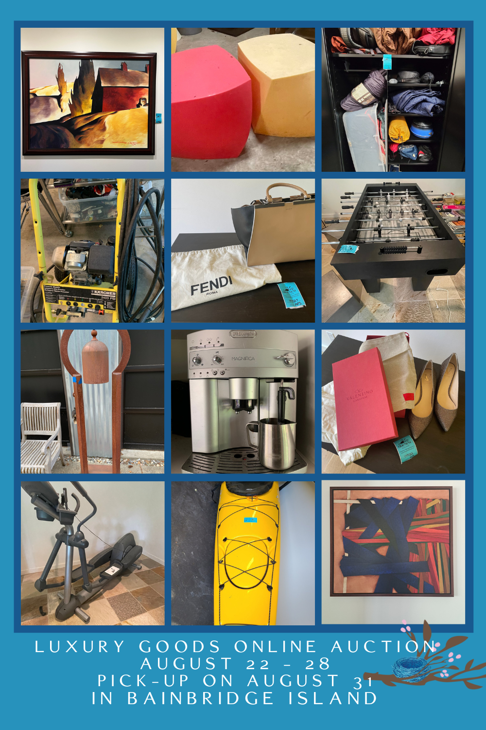 Collage of items for sale at the Bainbridge Island Luxury Goods online Auction with Blue Nest Home
