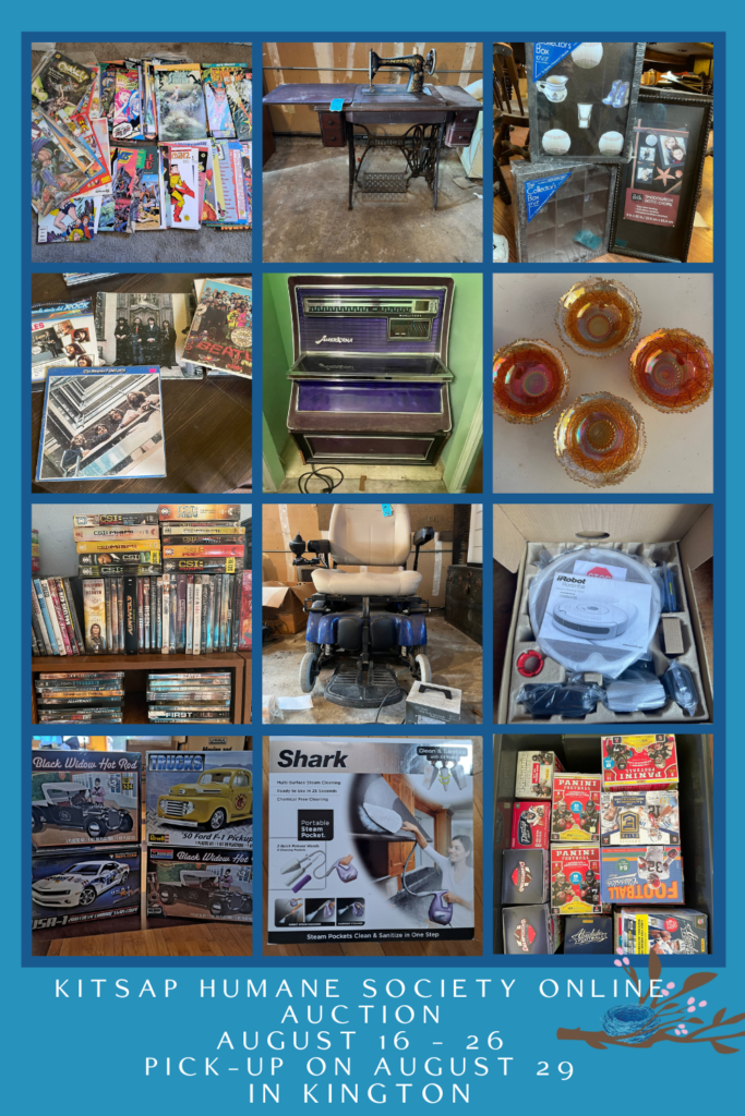 collage of items for sale for the kennels to nests online auction benefiting Kitsap Humane Society.