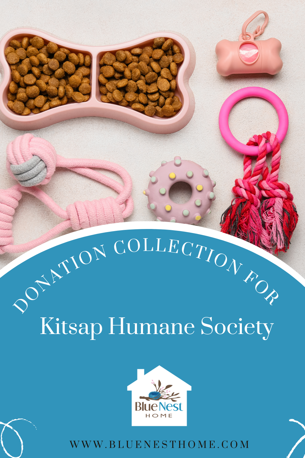 image of pet food and toys with text saying donations for kitsap humane society.