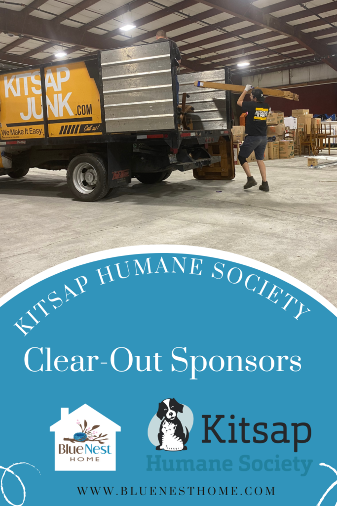 photo of a man putting junk in Kitsap Junk truck for blue nest home job text says Kitsap humane Society, clear-out sponsors