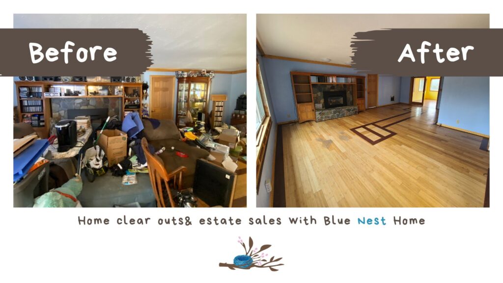 Before and after images of a living room filled with scattered items next to the same room after clear-out and clean.