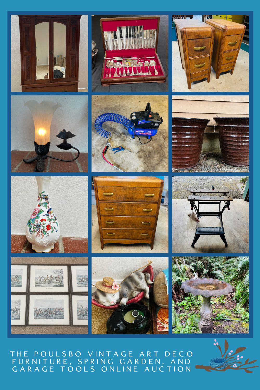 The Poulsbo Vintage Art Deco Furniture, Spring Garden, and Garage Tools Online Auction