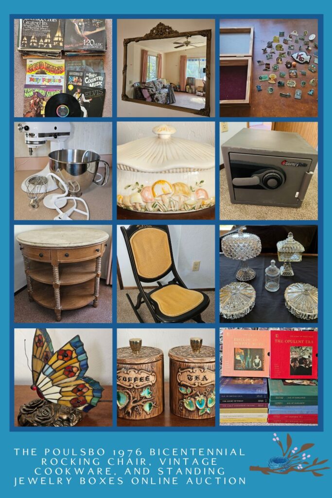 The Poulsbo 1976 Bicentennial Rocking Chair, Vintage Cookware, and Standing Jewelry Boxes Online Auction