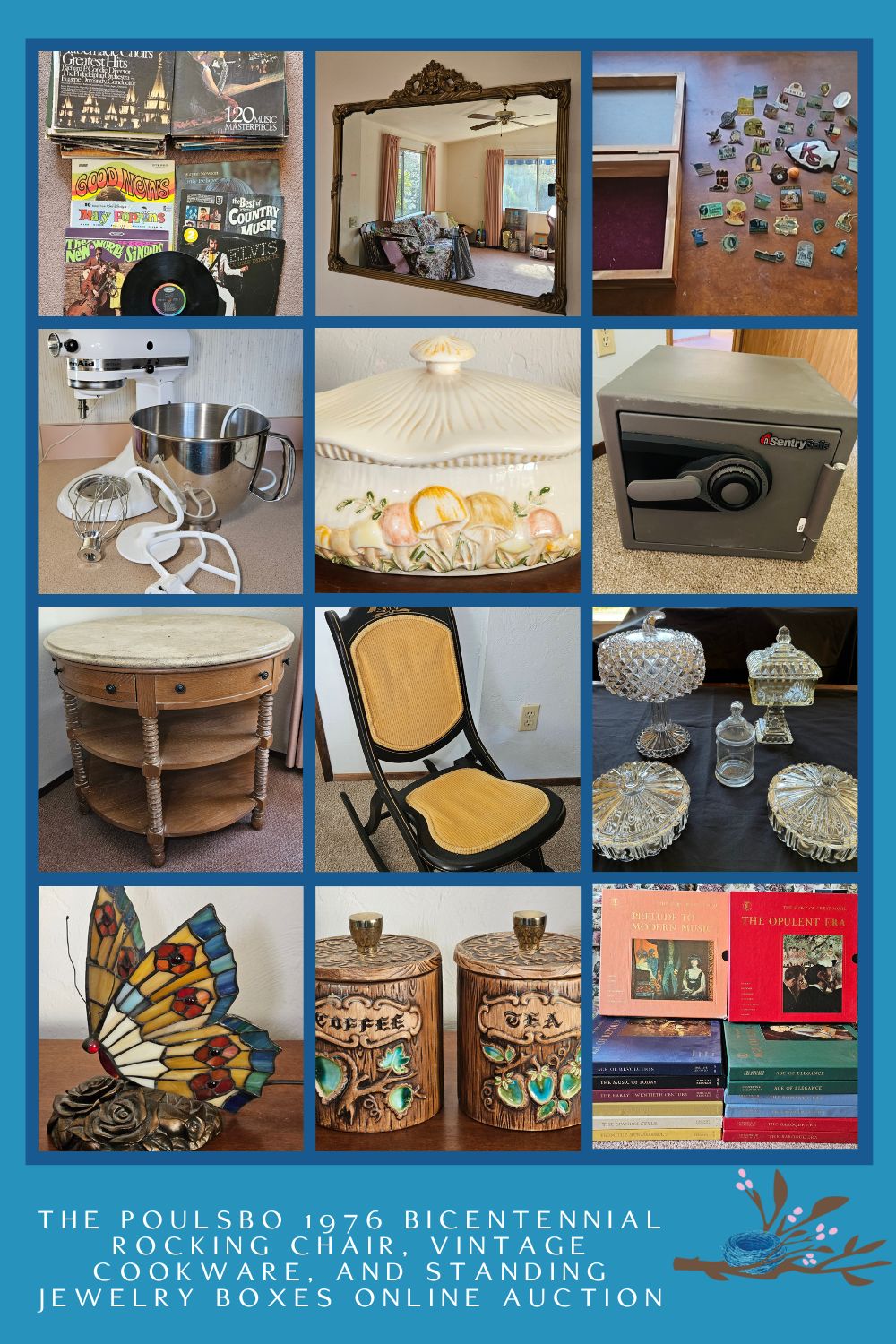 The Poulsbo 1976 Bicentennial Rocking Chair, Vintage Cookware, and Standing Jewelry Boxes Online Auction